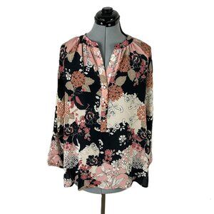 Spartina 449 Floral Silk Blouse L Black Pink Orange